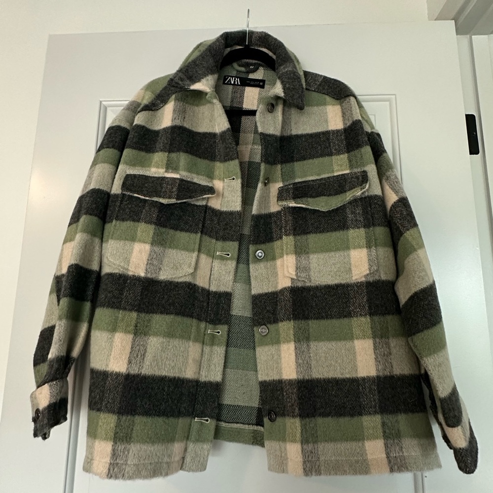 Zara Green and Cream Plaid Teddy Jacket